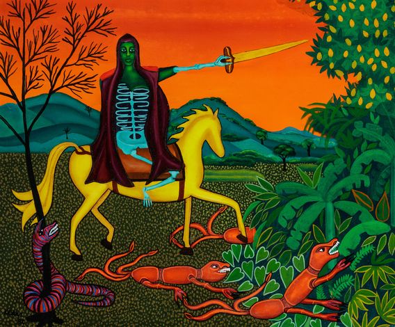 Apocalipse – o quarto cavaleiro trazendo a desolação a fome e as feras, s/d, Kleber Figueira, Acrílico s/ tela e Eucatex